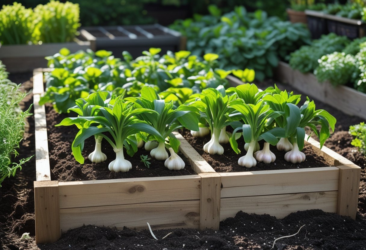 A square foot garden bed filled with healthy garlic plants growing outdoors in a home garden.