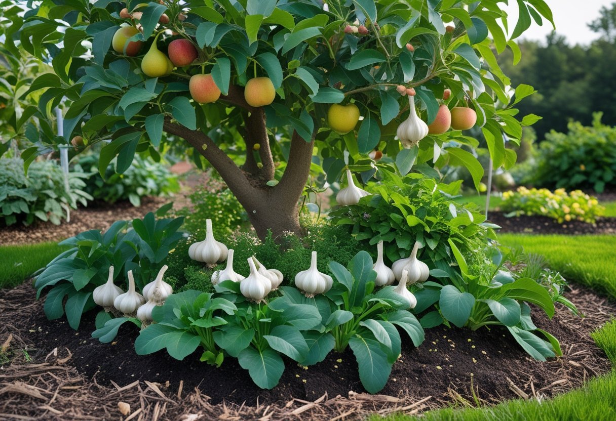 A garden featuring garlic plants growing around fruit trees with ripe apples and pears in bright daylight.