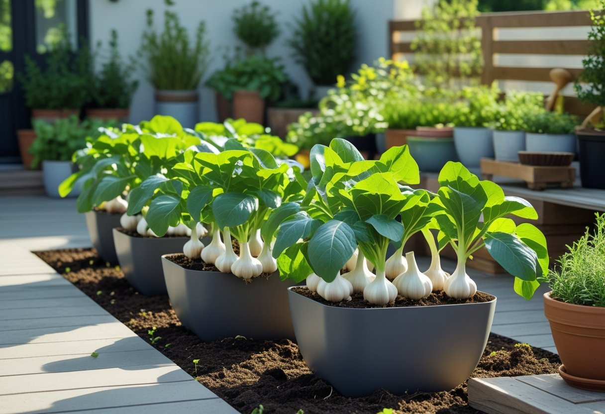 Garlic plants growing in pots on a sunny patio with green leaves and garlic bulbs visible at the base.