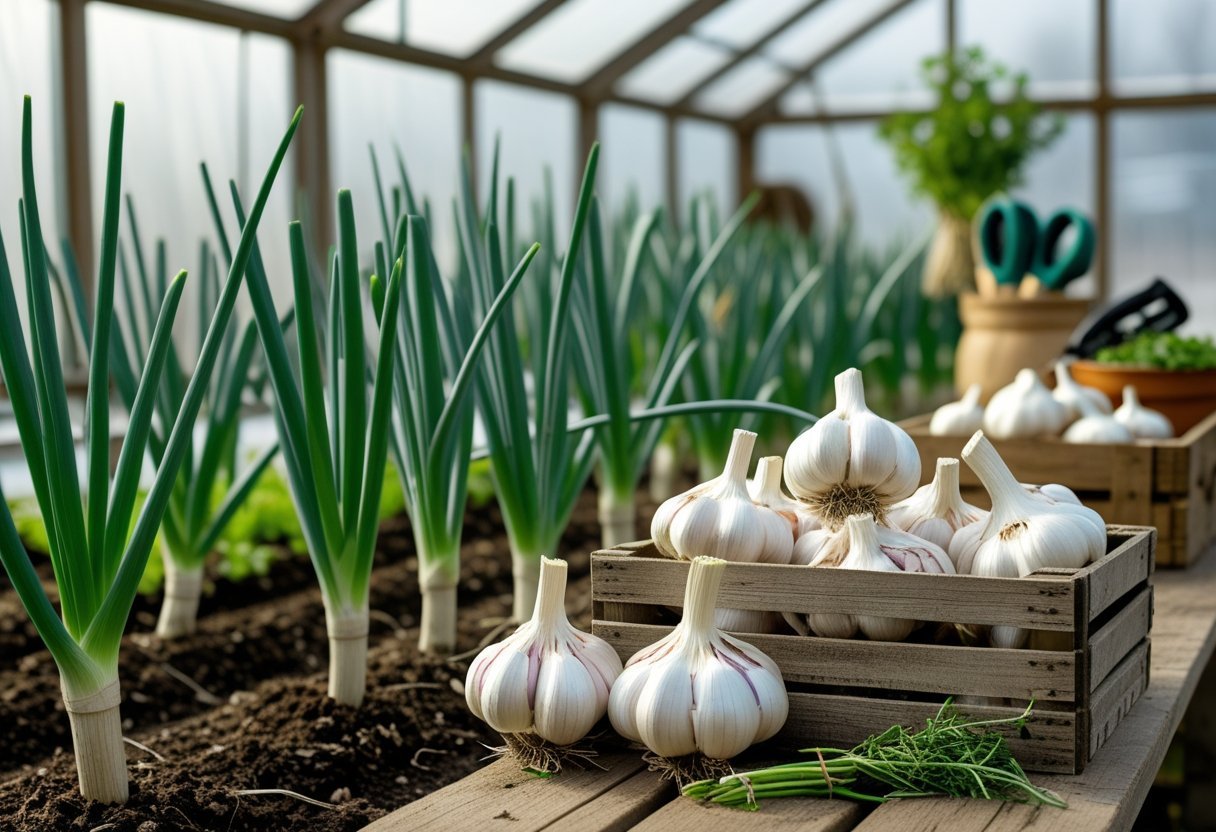 Greenhouse interior with green garlic plants growing and freshly harvested garlic bulbs arranged on a wooden table.