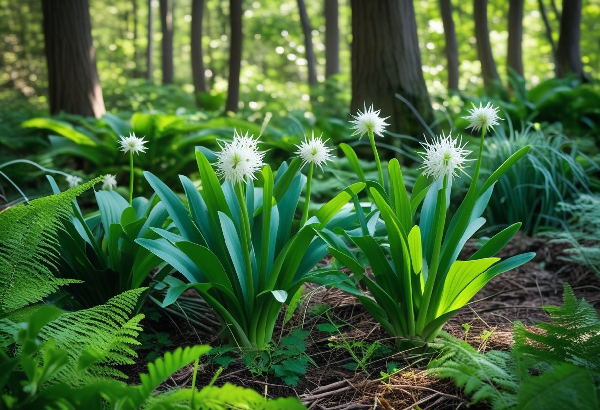 A woodland garden with wild garlic plants and white flowers growing among ferns and trees under dappled sunlight.