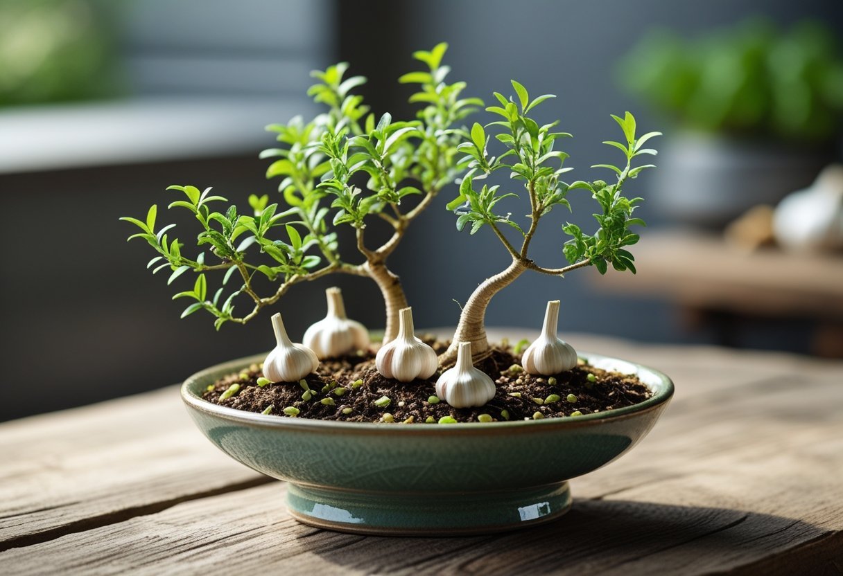 A miniature garlic garden with small garlic plants growing in a shallow ceramic pot on a wooden table.
