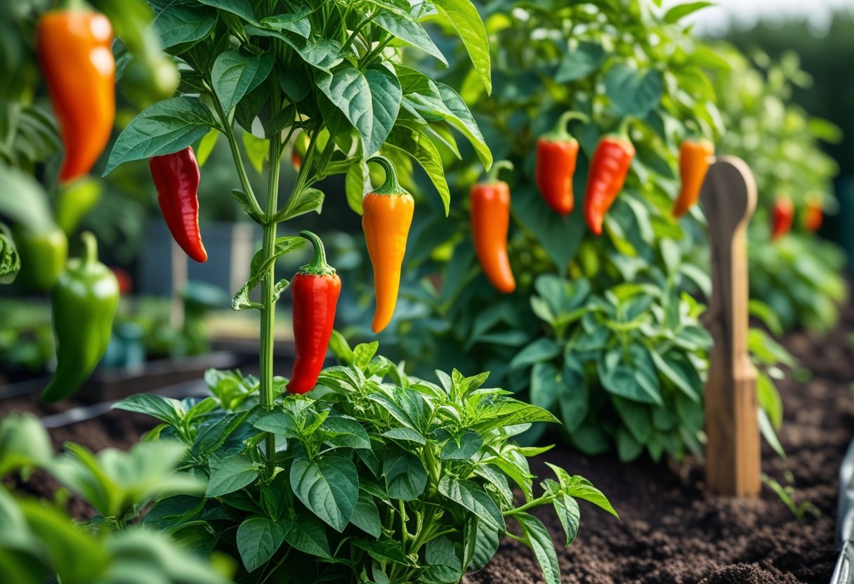A garden with rows of spicy pepper plants bearing red, orange, and green peppers under natural sunlight.