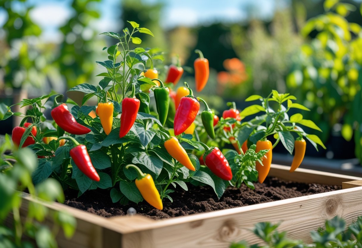 A raised wooden garden bed filled with healthy green pepper plants bearing colorful spicy peppers in red, orange, yellow, and green outdoors in sunlight.