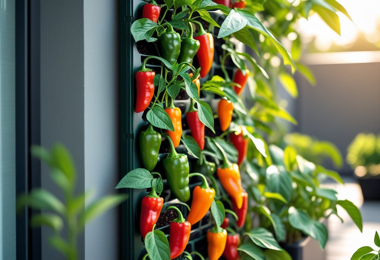 A vertical garden on an outdoor wall filled with healthy spicy pepper plants bearing red, orange, and green chili peppers.