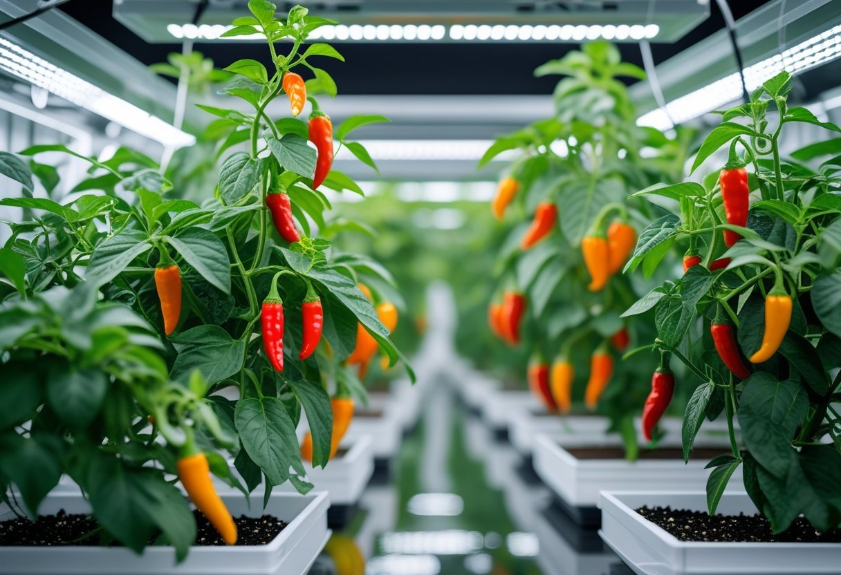 A hydroponic garden with green pepper plants bearing red, orange, and green chili peppers growing indoors under LED lights.