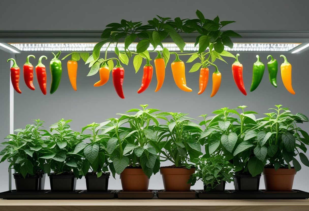 Indoor garden with healthy spicy pepper plants growing under bright grow lights on shelves.