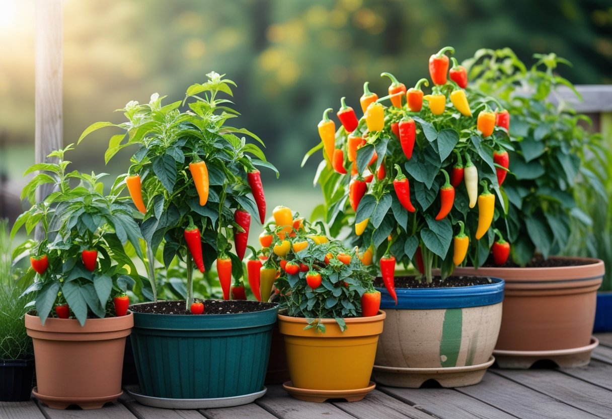 A container garden with various pots holding healthy spicy pepper plants bearing colorful peppers in different stages of ripeness on a wooden deck outdoors.