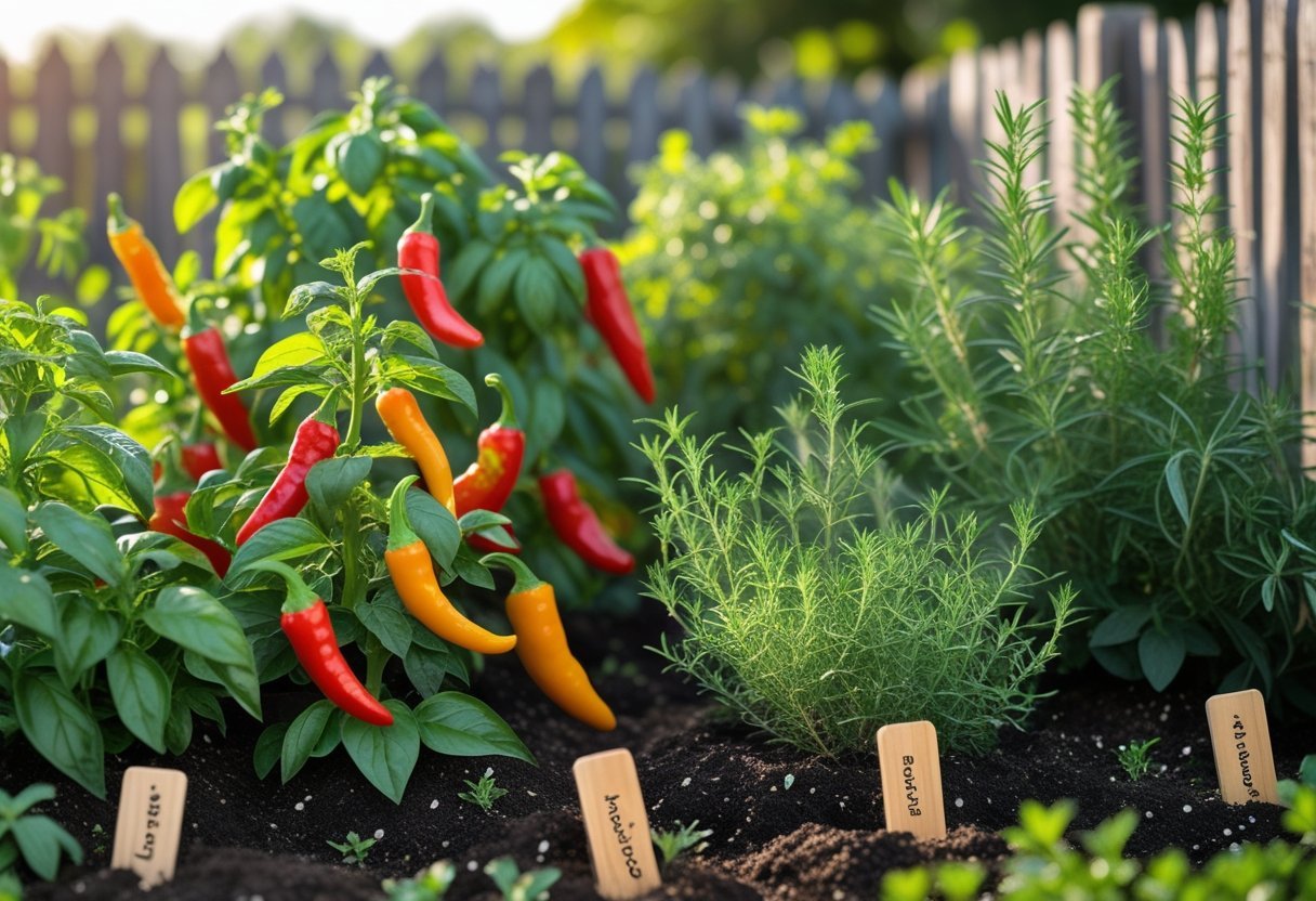 A garden with various spicy pepper plants growing alongside herbs like basil, rosemary, and thyme.