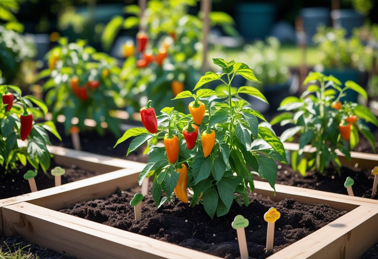 A square foot garden with neatly organized spicy pepper plants growing vibrant red, orange, and green peppers in rich soil outdoors.