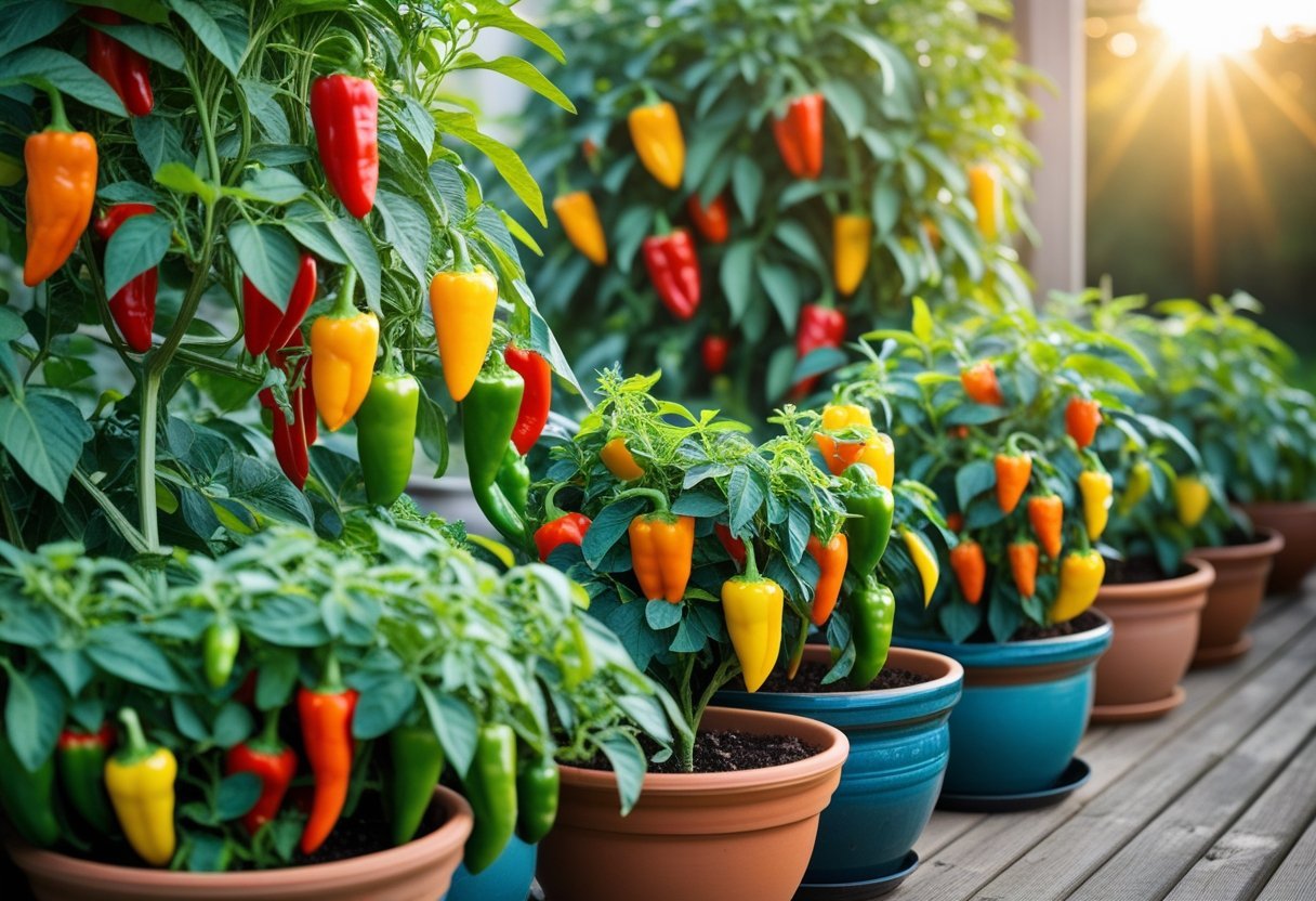 A raised pot garden with multiple pots containing healthy spicy pepper plants bearing colorful peppers on a wooden deck.