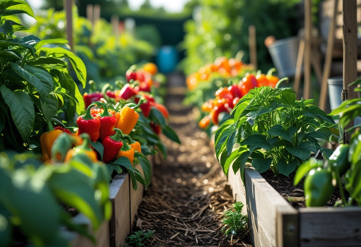 A garden alley with rows of spicy hot pepper plants showing green, red, and orange peppers growing among green leaves.