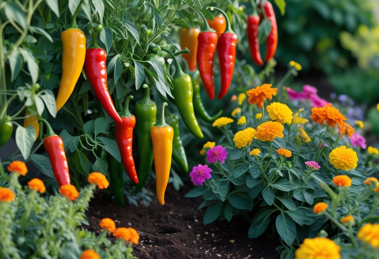 A garden with spicy pepper plants bearing colorful peppers surrounded by blooming flowers and green foliage.