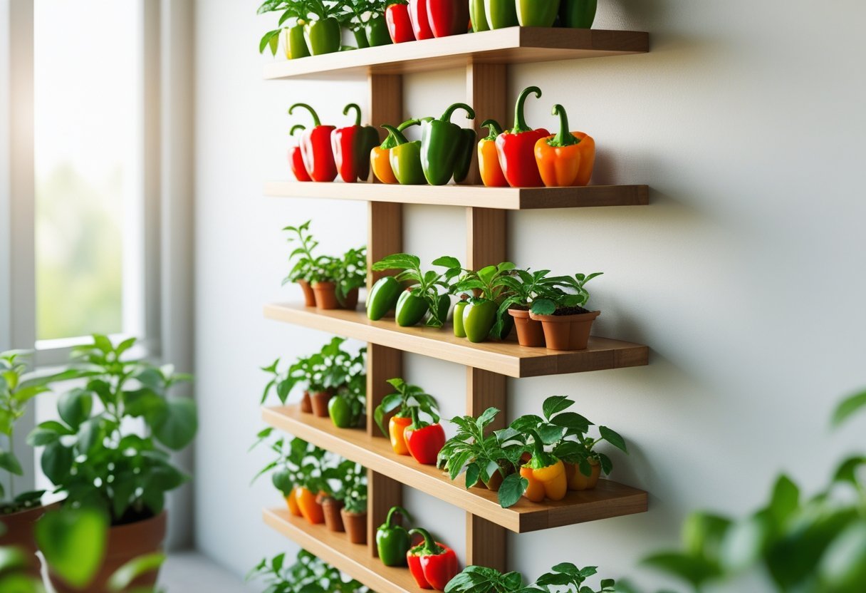 Vertical wooden spice rack with multiple pots of healthy spicy pepper plants growing indoors.