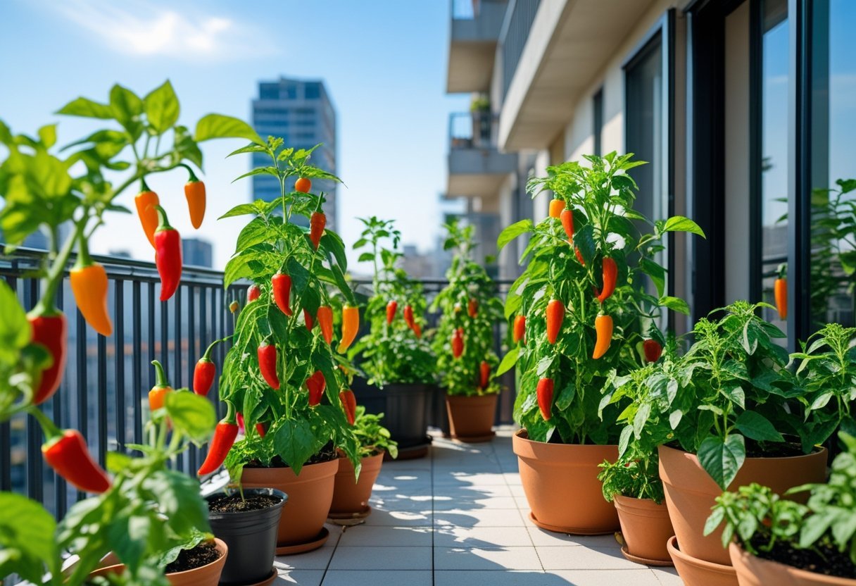 An urban balcony filled with pots of green pepper plants bearing colorful ripe spicy peppers against a cityscape background.