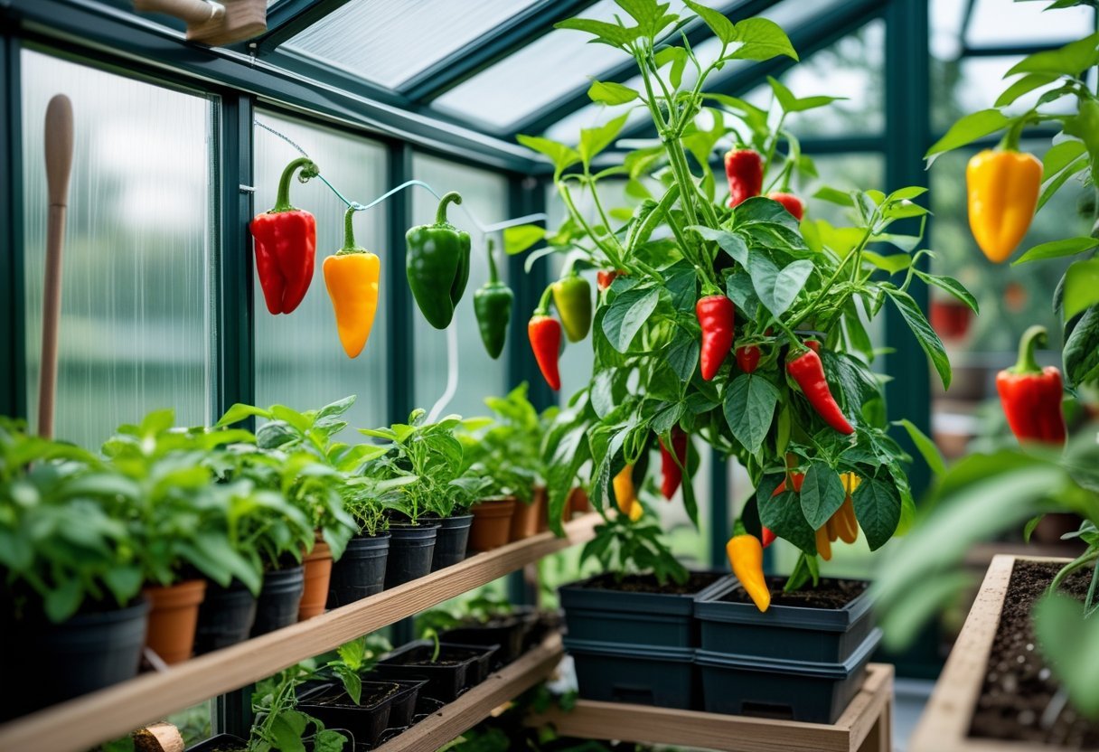 A pepper garden with various colorful spicy peppers growing inside a glass greenhouse cabinet on wooden shelves.