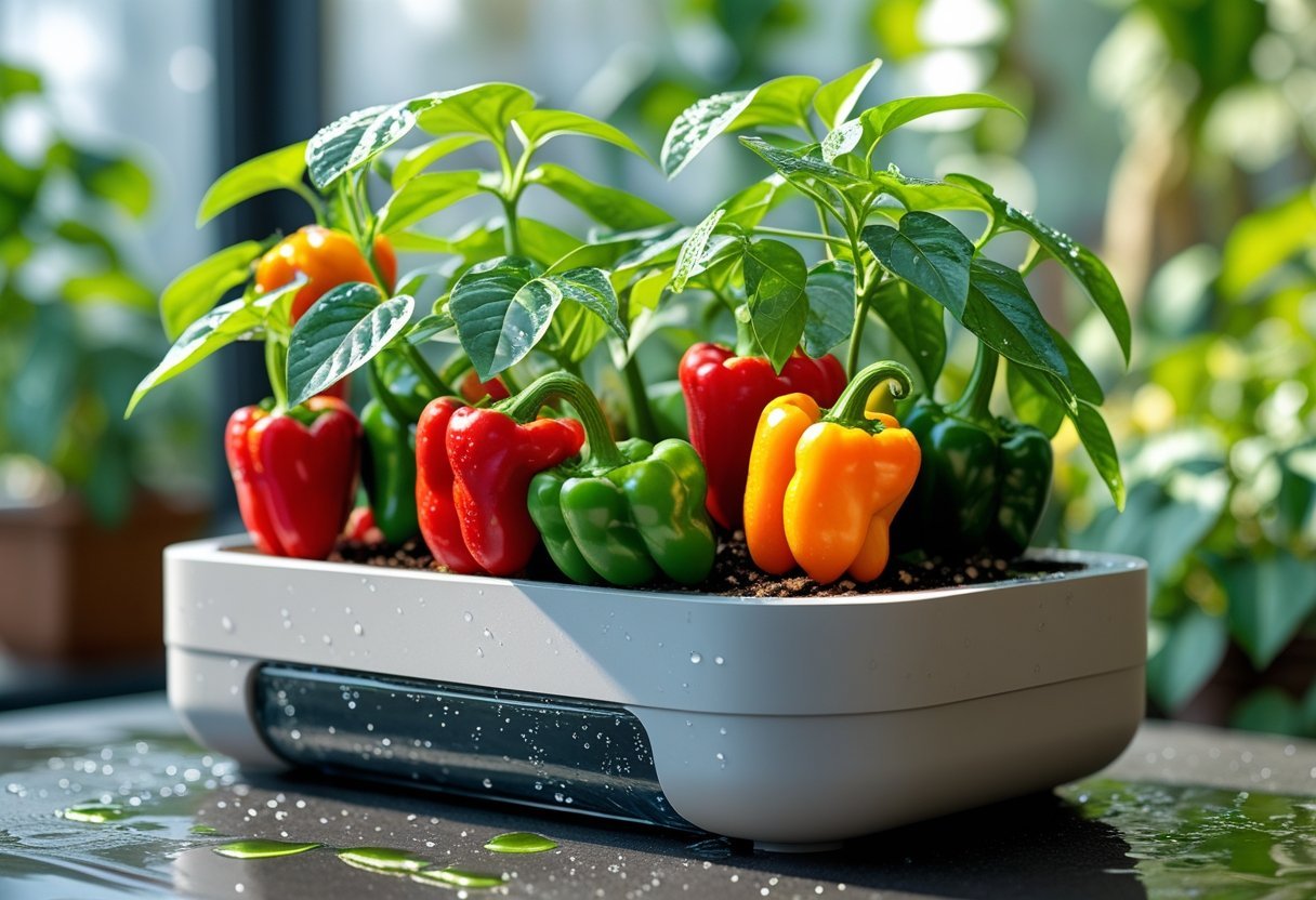 A self-watering planter filled with healthy spicy pepper plants bearing colorful peppers in a bright indoor garden setting.