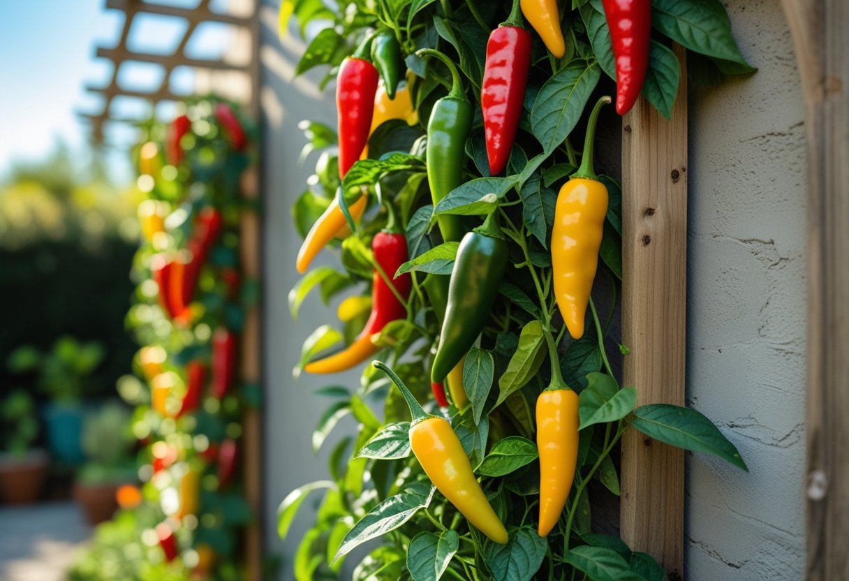 A vertical garden wall filled with various colorful chili peppers growing on wooden trellises outdoors.
