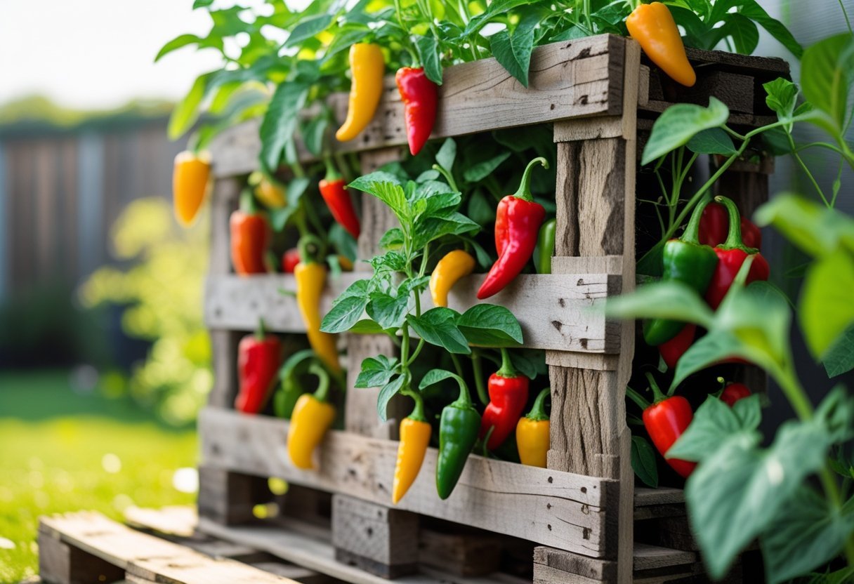 A wooden pallet planter filled with green and colorful spicy pepper plants outdoors in a garden.