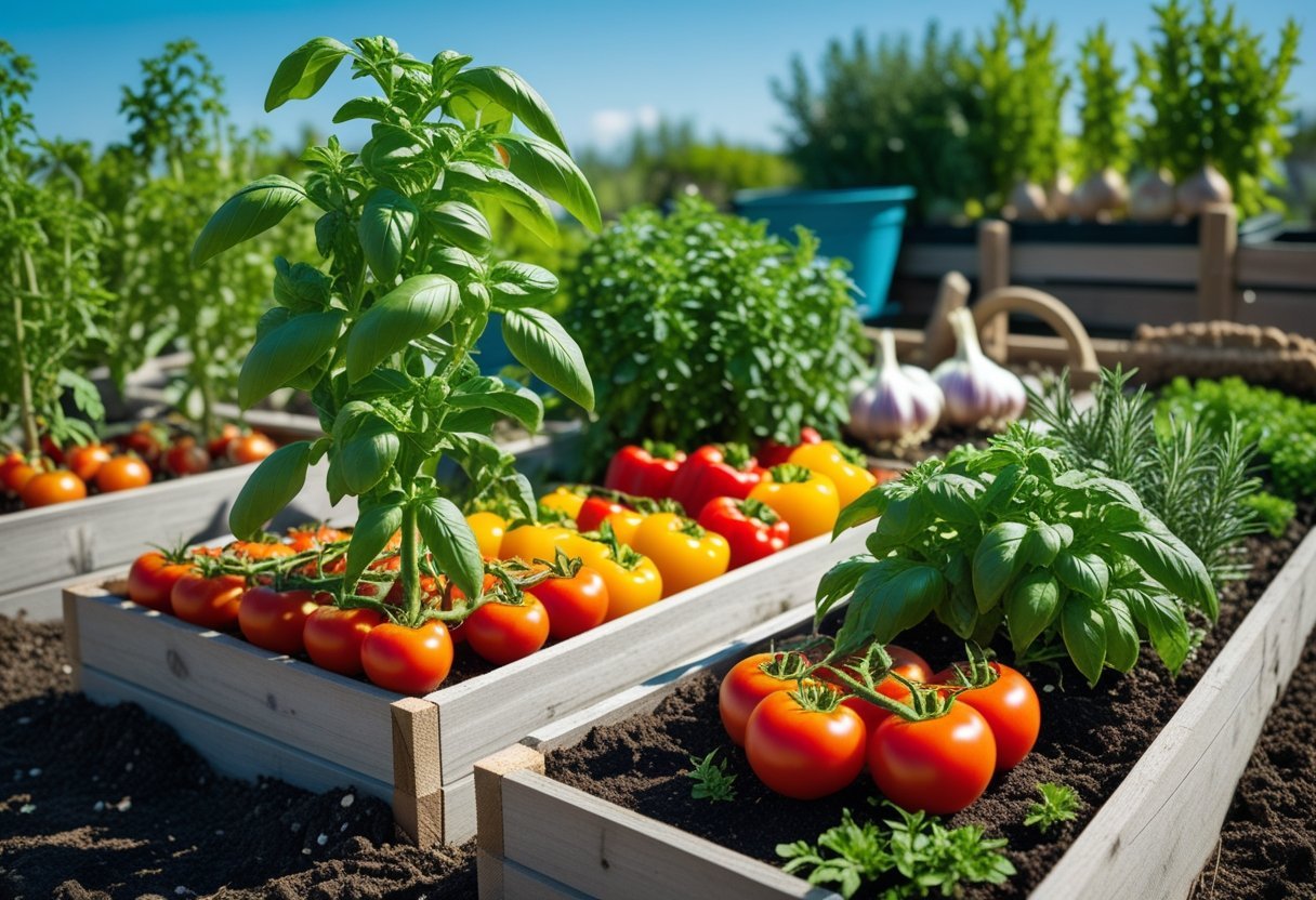 A garden with raised beds growing tomatoes, basil, bell peppers, oregano, rosemary, garlic, and onions under sunlight.