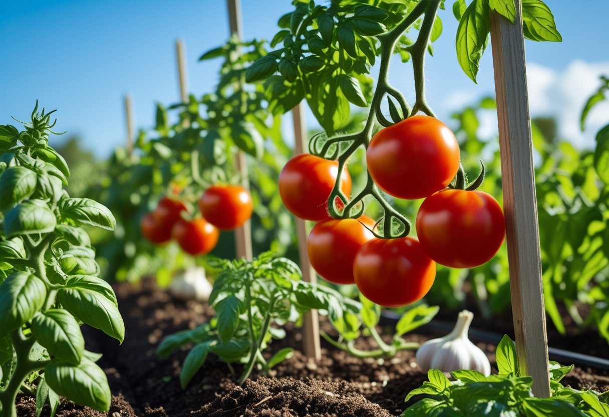 A tomato garden with ripe red tomatoes on the vine surrounded by basil and oregano plants.
