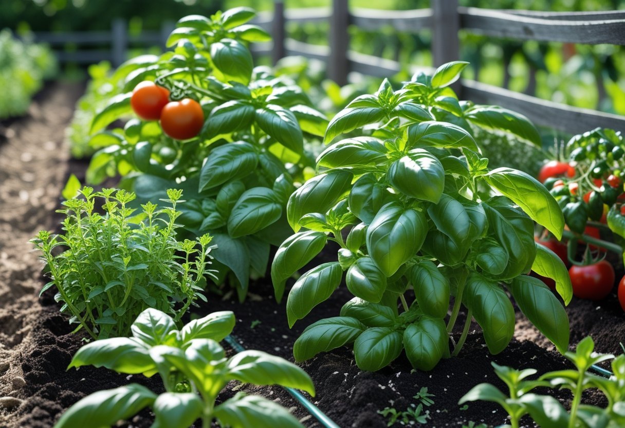 A garden patch with green basil plants, ripe red tomatoes, oregano, and pepper plants growing together in sunlight.