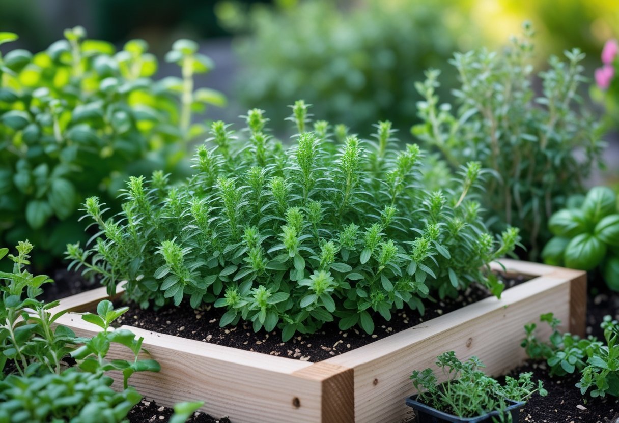 A small garden bed filled with fresh oregano plants surrounded by other herbs, outdoors in natural daylight.