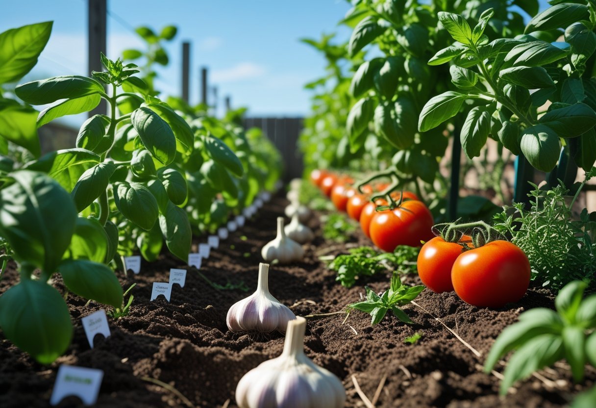 A garden row with garlic plants growing alongside tomatoes, basil, oregano, and rosemary under sunlight.