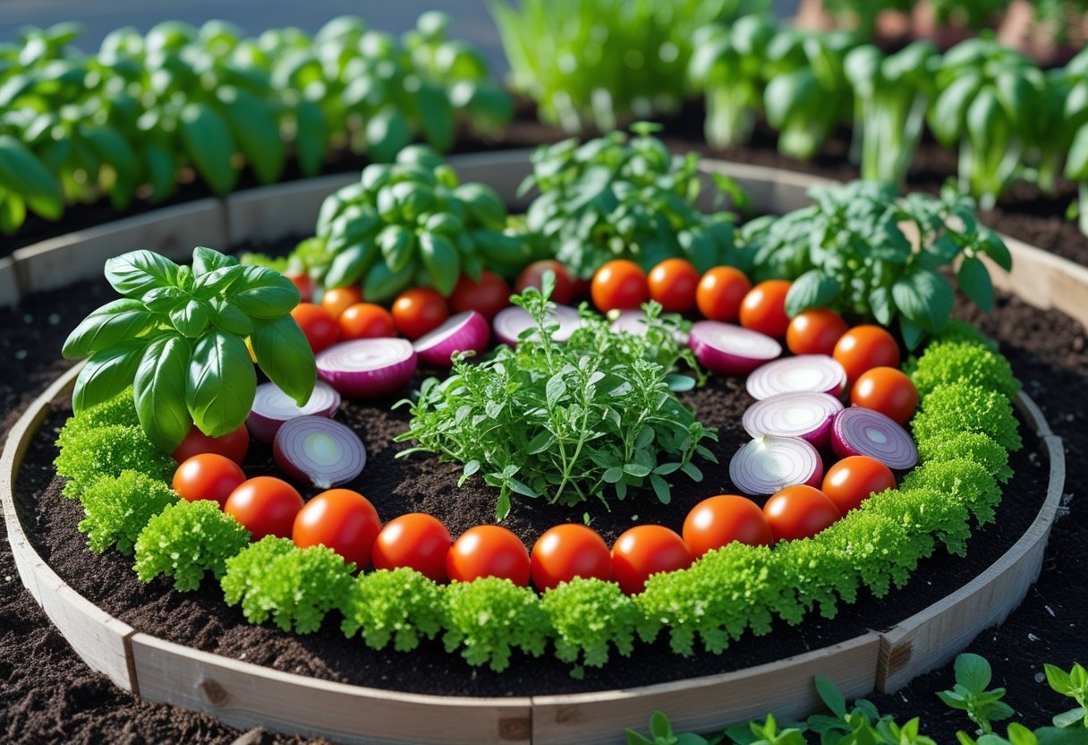 A circular garden plot with layers of basil, cherry tomatoes, onions, and oregano arranged to represent pizza ingredients.