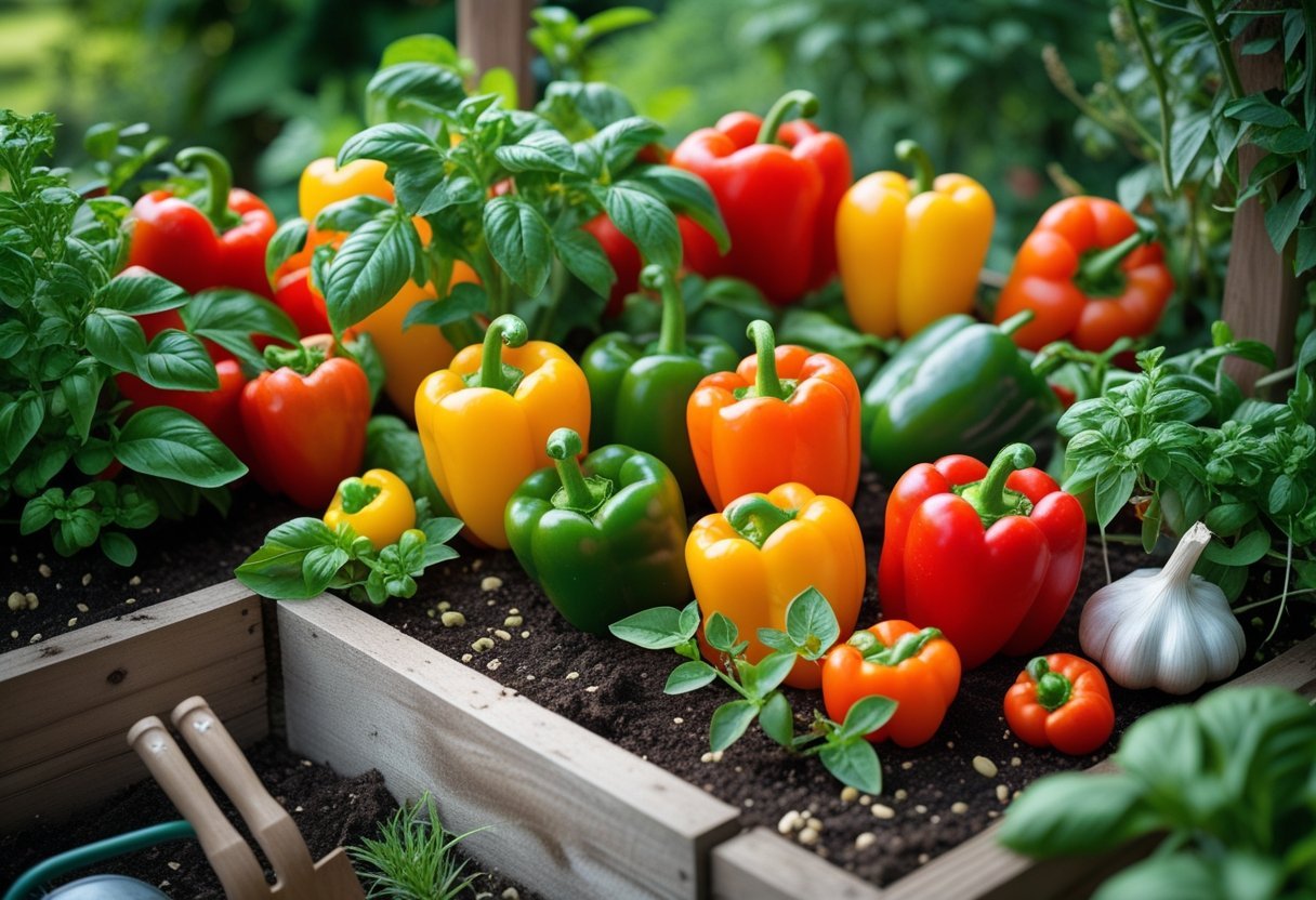 A garden corner with healthy bell pepper plants surrounded by tomatoes, basil, and garlic growing in raised beds.