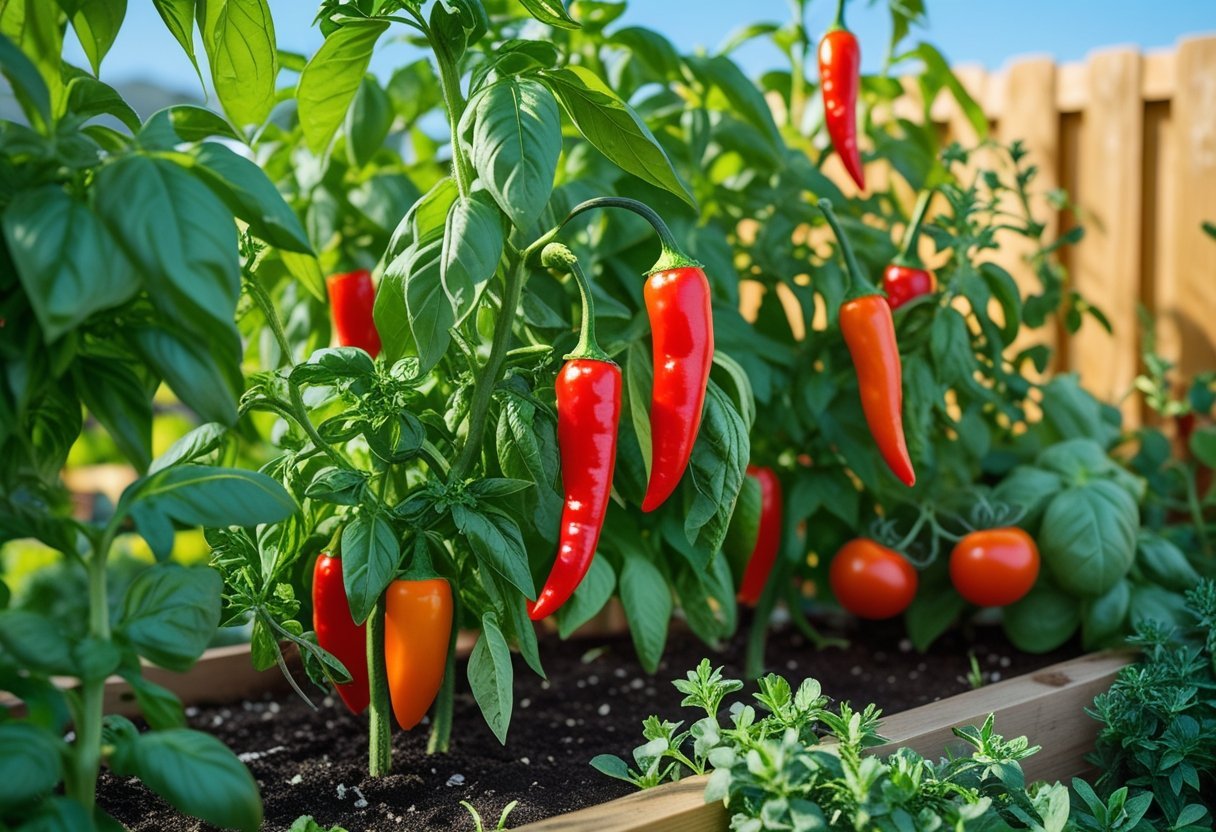 A garden with ripe red chili peppers growing alongside fresh basil, tomatoes, and oregano under sunlight.