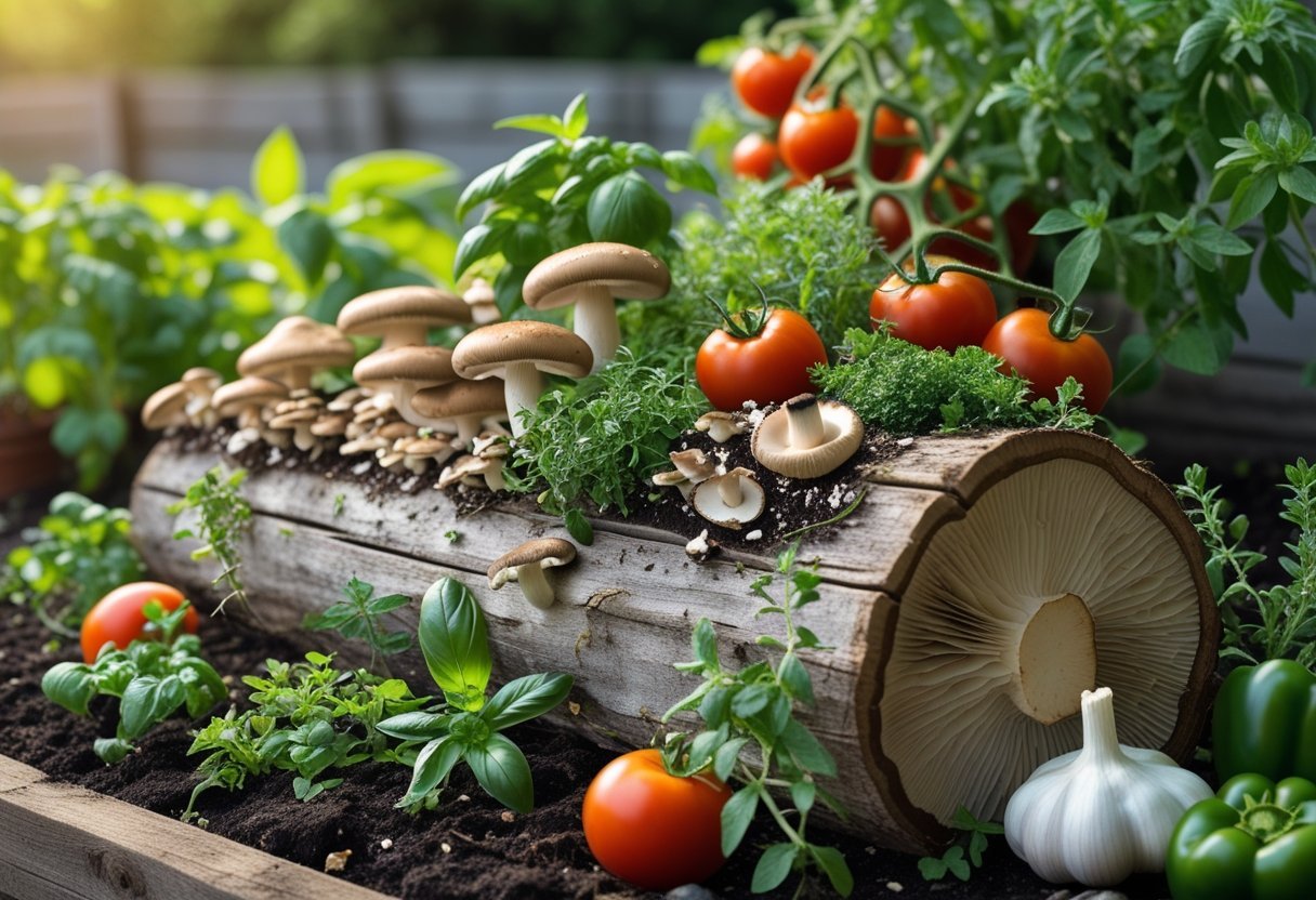A garden bed with various mushrooms growing alongside fresh herbs and vegetables used as pizza ingredients.