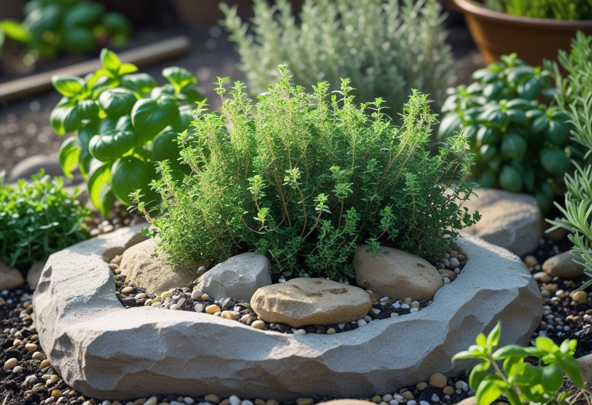 A rock garden with thyme plants growing among stones, surrounded by other pizza-related herbs like basil and oregano.
