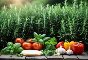A rosemary hedge garden with fresh pizza ingredients like tomatoes, basil, garlic, mozzarella, and bell peppers arranged on a wooden table.
