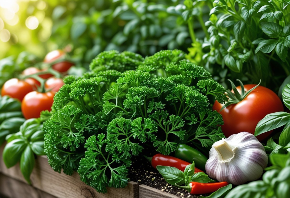 A garden border filled with fresh parsley plants and other pizza ingredients like tomatoes, basil, garlic, and chili peppers growing together.