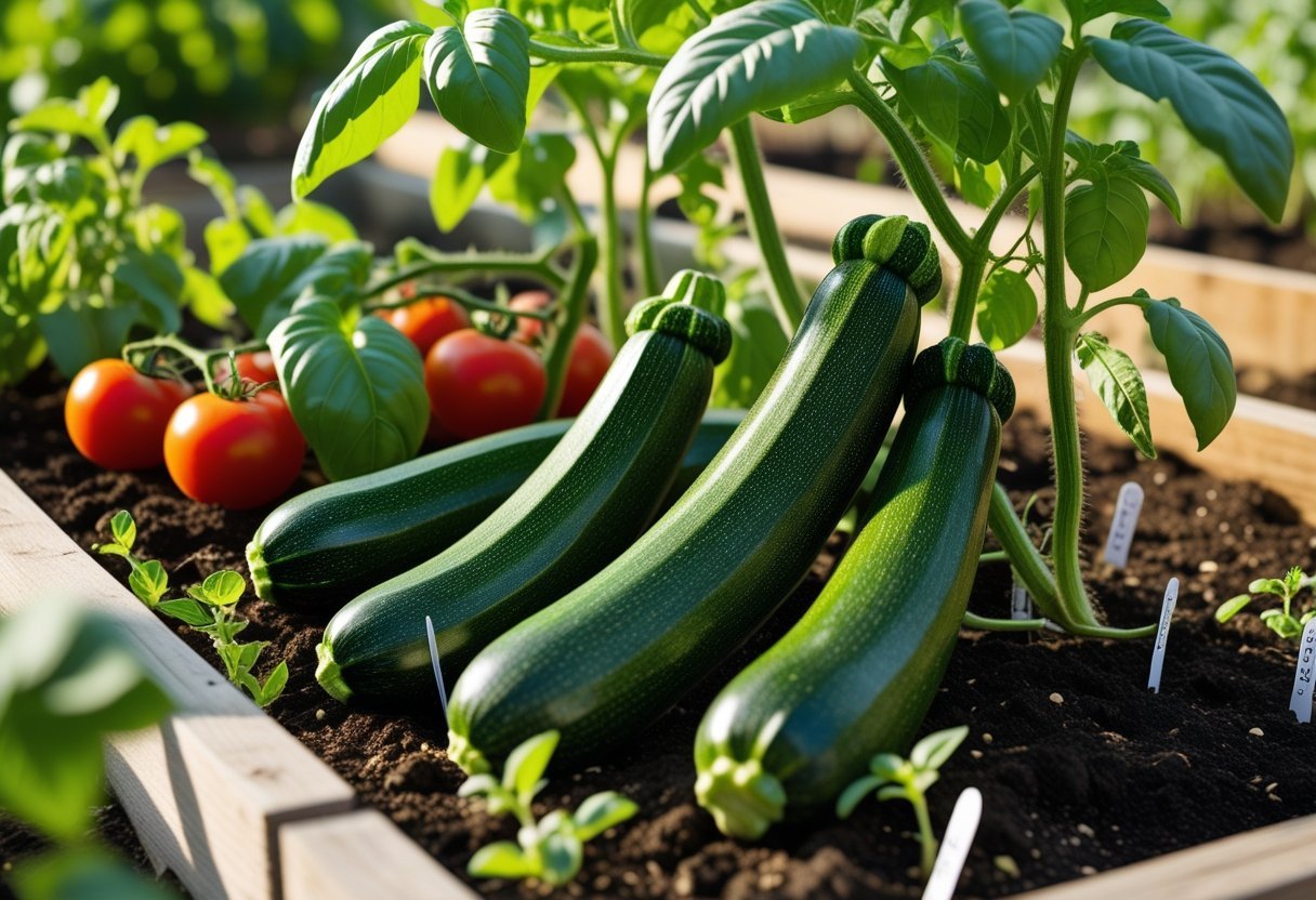 A garden patch with zucchini plants, tomatoes, basil, and chili peppers growing among rich soil and wooden raised beds.