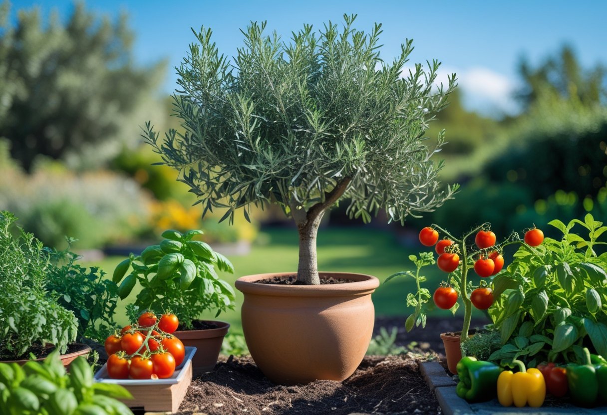 A garden with a potted olive tree surrounded by plants growing pizza ingredients like basil, cherry tomatoes, oregano, and bell peppers.