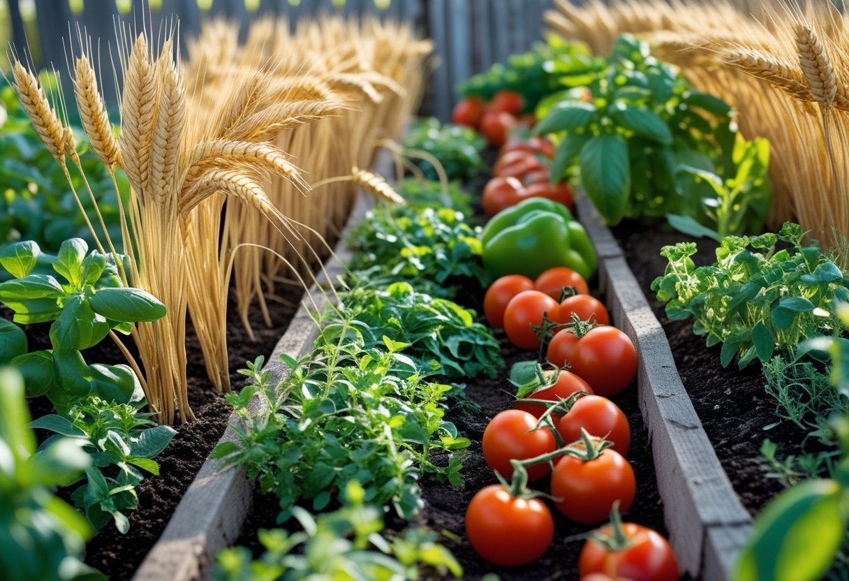 A strip garden with wheat stalks, fresh herbs, cherry tomatoes, bell peppers, and olives growing together outdoors.