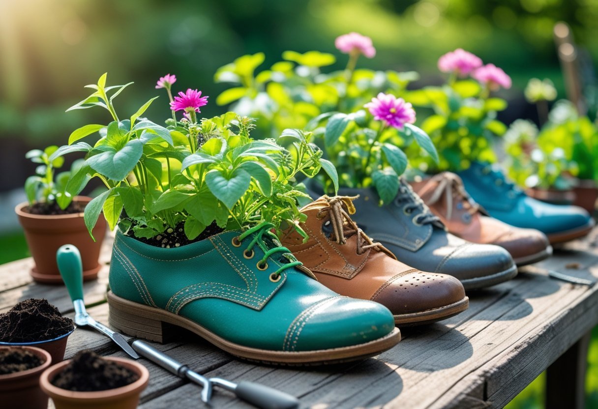 A variety of shoes used as planters with green plants and flowers, arranged on a wooden table outdoors with gardening tools nearby.