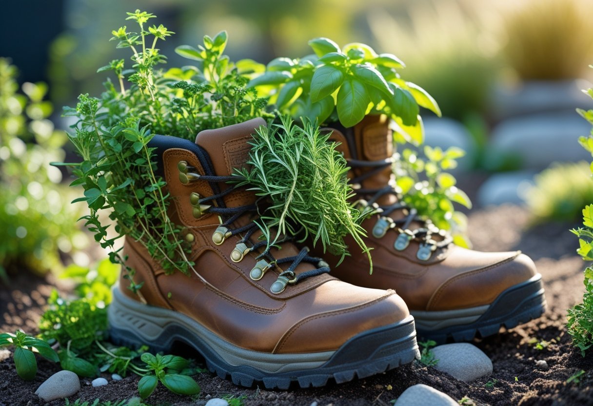 A pair of hiking boots used as planters, filled with green herbs growing outdoors on soil.