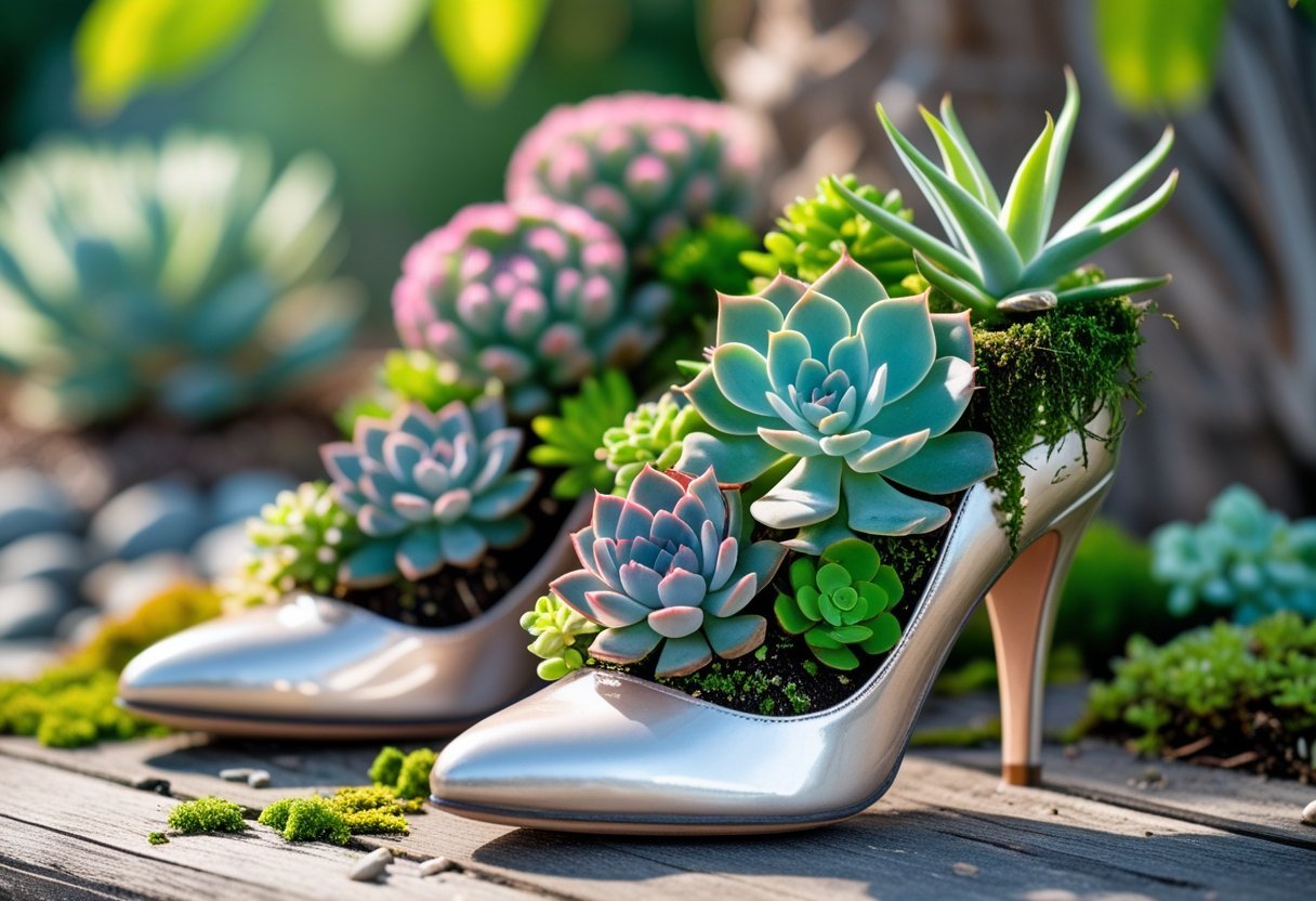 A pair of high-heeled shoes filled with various colorful succulent plants placed outdoors on a wooden surface.