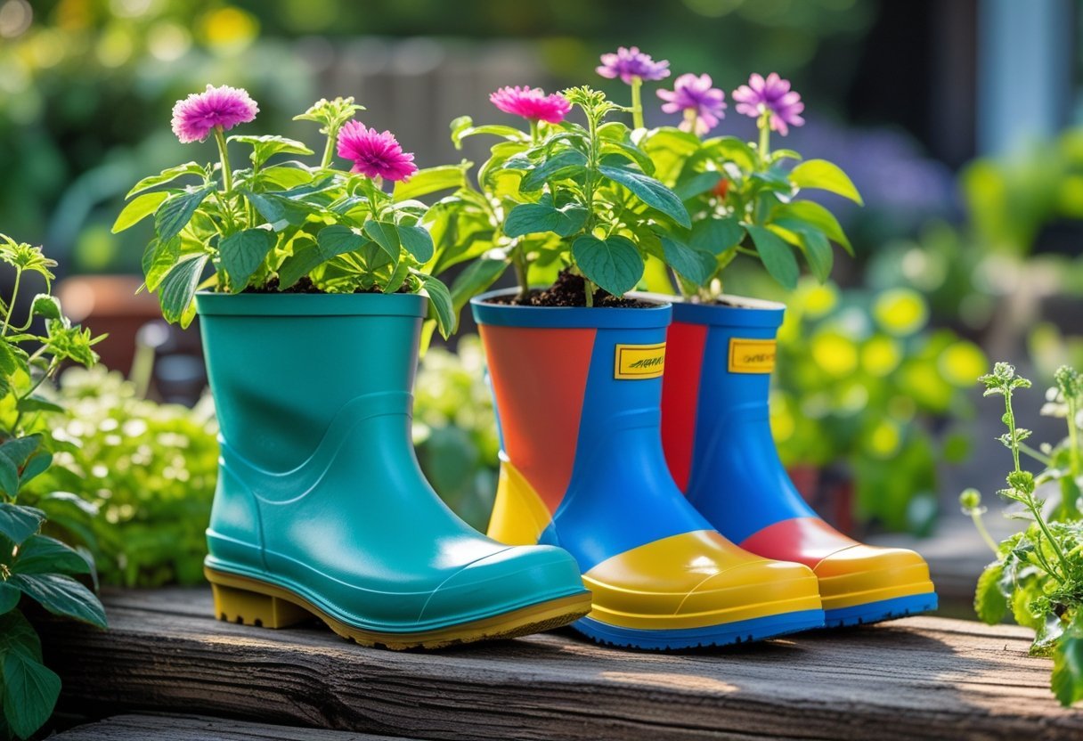 A pair of colorful rain boots used as flower planters with green plants and flowers growing inside, placed outdoors on a wooden surface with a garden background.