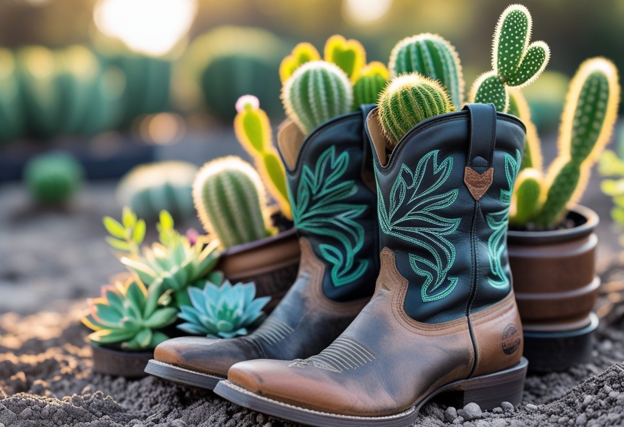 Two cowboy boots filled with various small cacti and succulents, placed outdoors in a garden setting.