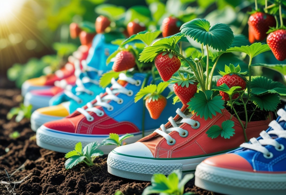 Strawberry plants growing inside colorful sneakers arranged outdoors in a garden.