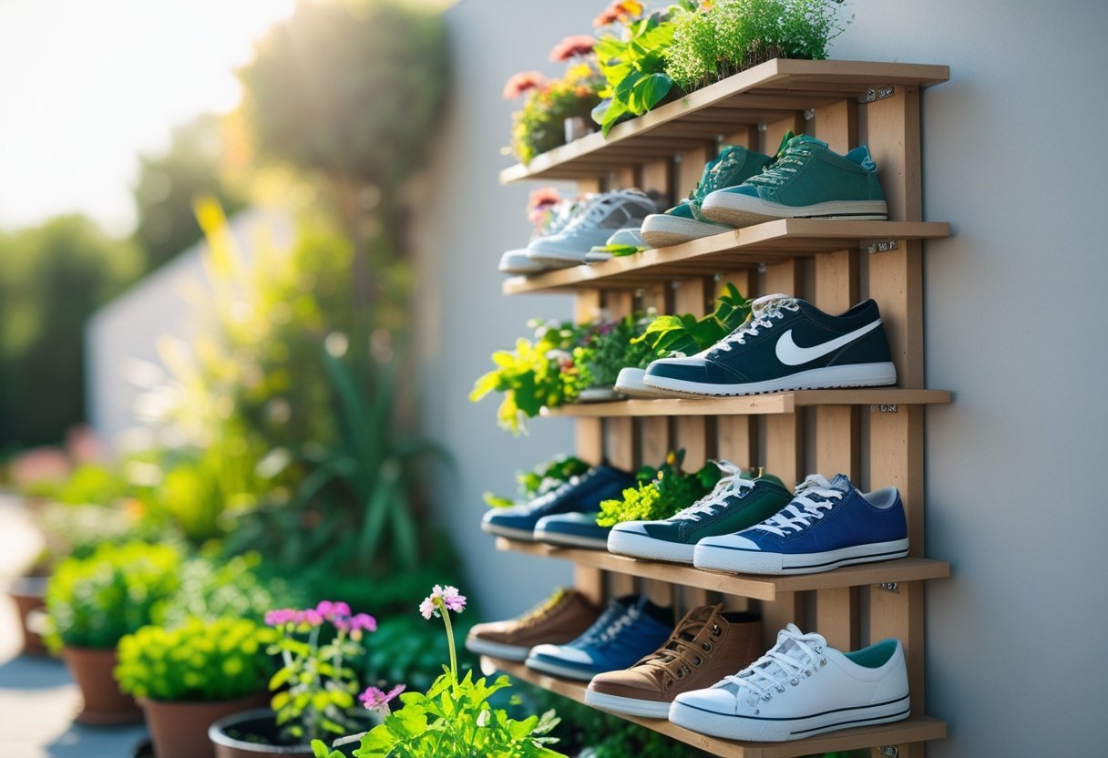 Vertical shoe rack mounted on a wall with shoes filled with green plants and flowers growing from them.