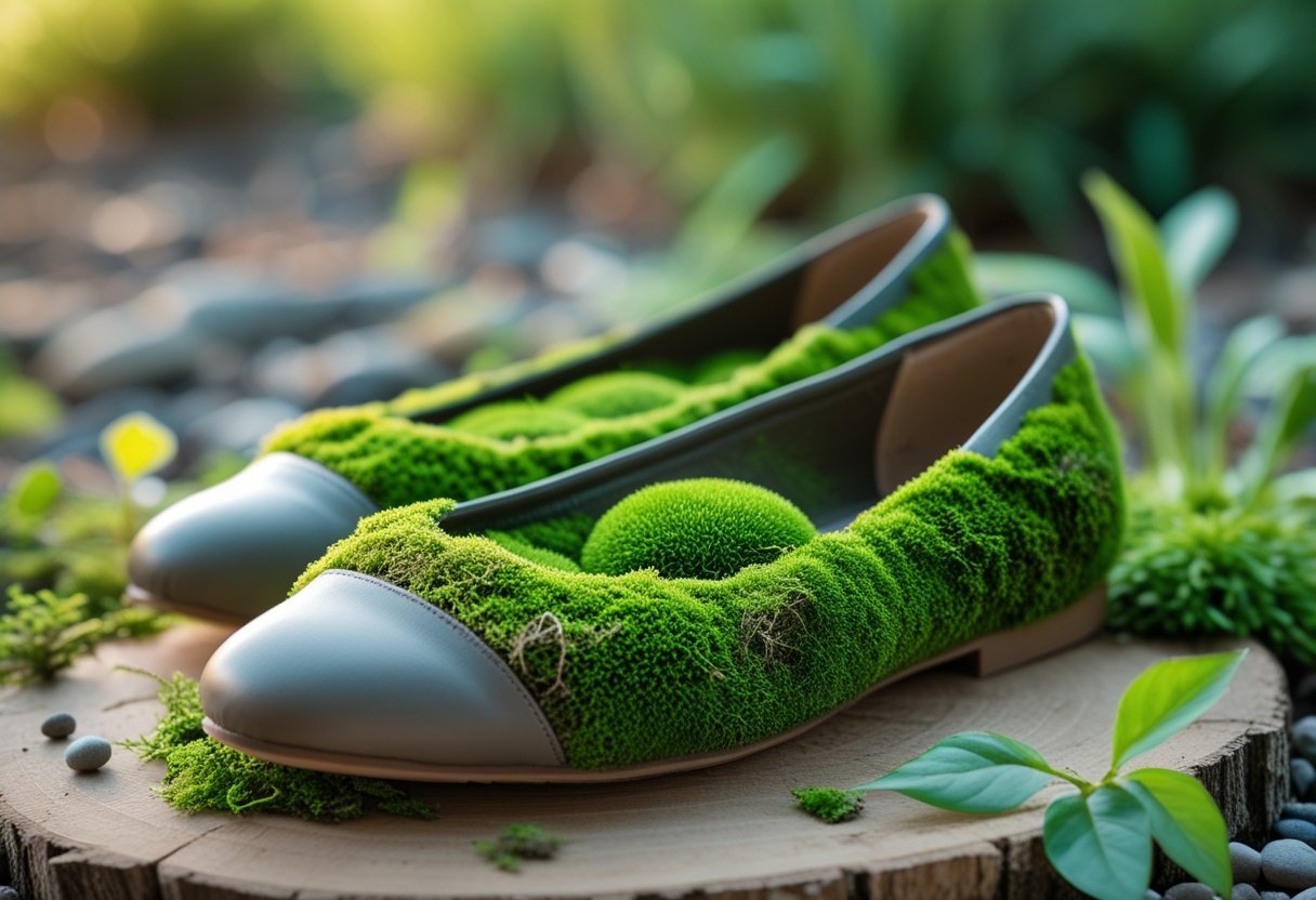 A pair of ballet flats filled with green moss placed outdoors on a wooden surface surrounded by garden elements.