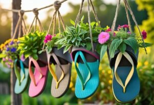 A hanging garden made of old flip-flops used as plant containers, filled with green plants and colorful flowers.