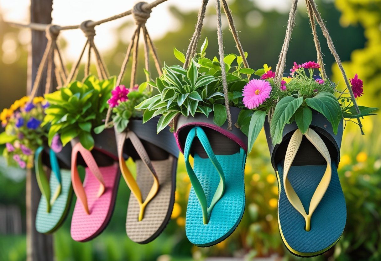 A hanging garden made of old flip-flops used as plant containers, filled with green plants and colorful flowers.