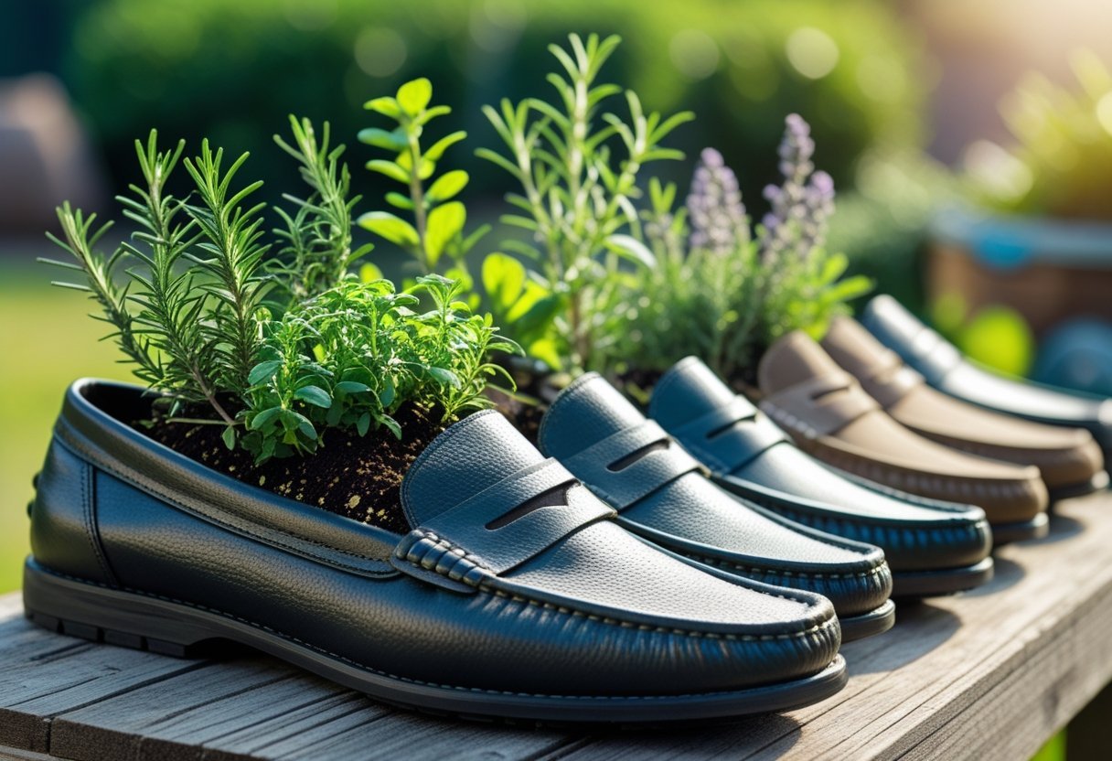 Several loafers filled with soil and aromatic plants like rosemary and lavender growing inside them, placed outdoors on a wooden surface.