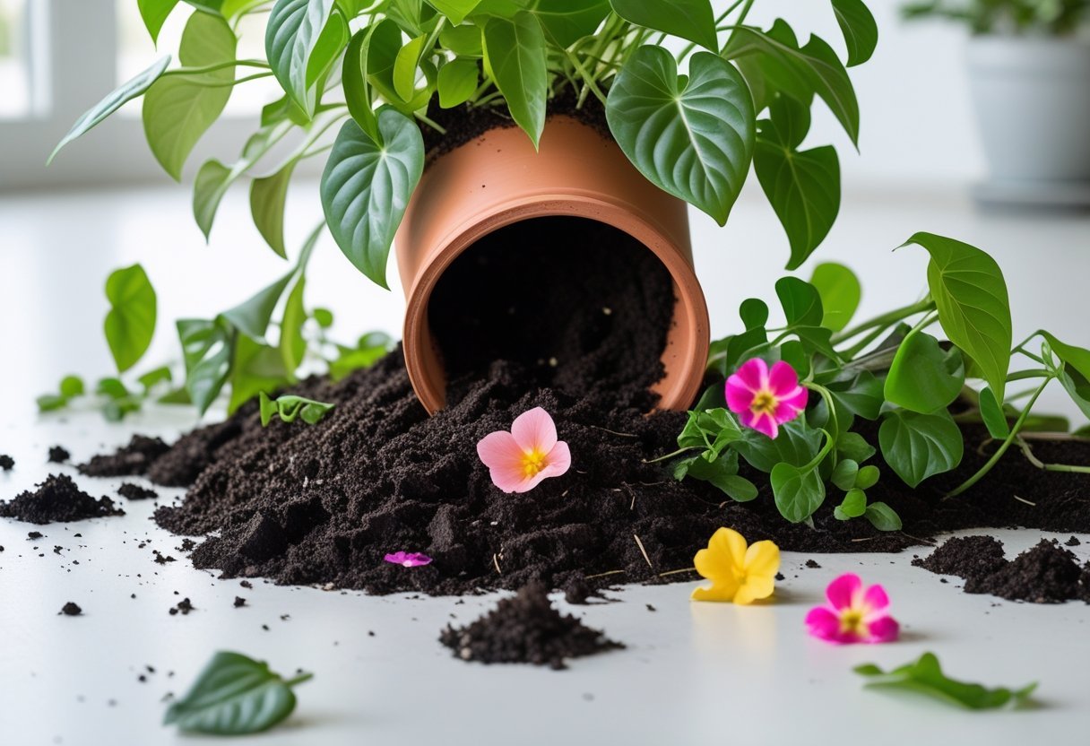 A terracotta flower pot tipped over on a white surface with soil and colorful flowers spilled around it.